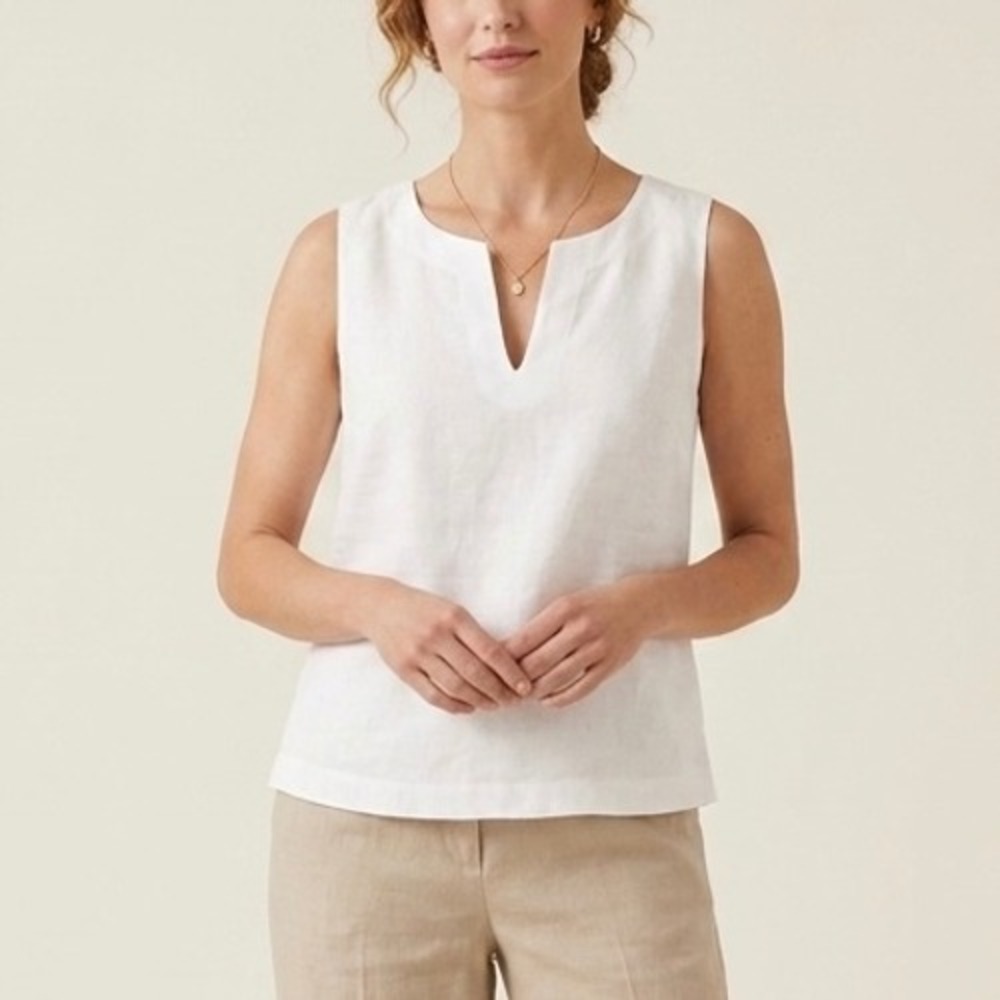 Escada White 100% Linen Sleeveless Split Neck Shell Blouse Top Size 34 DE Small